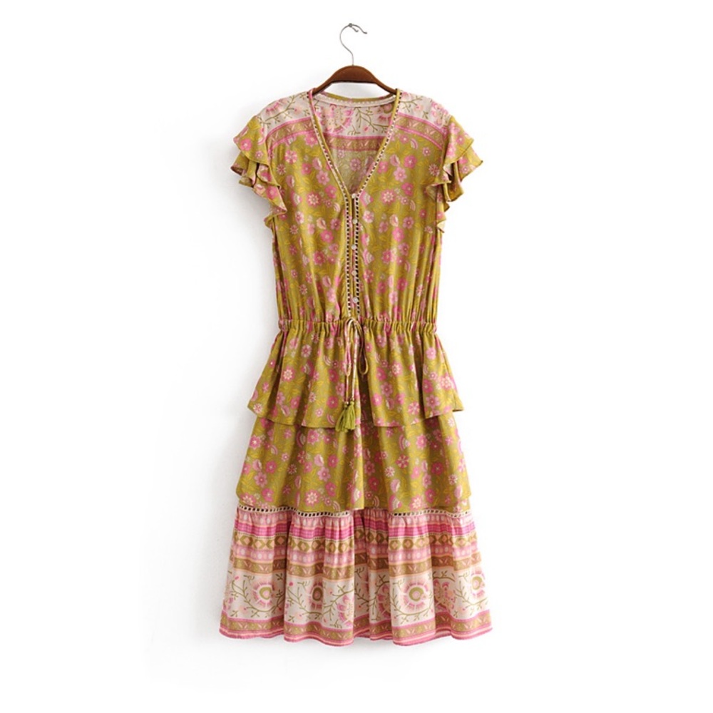 Green Floral Boho Retro Tiered Ruffle Mini Dress - Picture 7 of 12